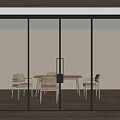 Modern Glass Sliding Doors With Black Frame And Vertical Stripes In Dining Interior