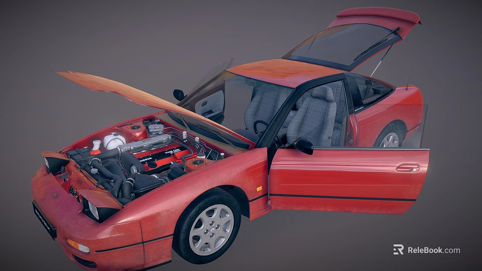 Red Sports Car With Open Hood And Doors Showing Engine And Interior 3d model 