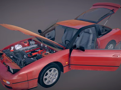 Red Sports Car With Open Hood And Doors Showing Engine And Interior 3d model