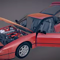 Red Sports Car With Open Hood And Doors Showing Engine And Interior