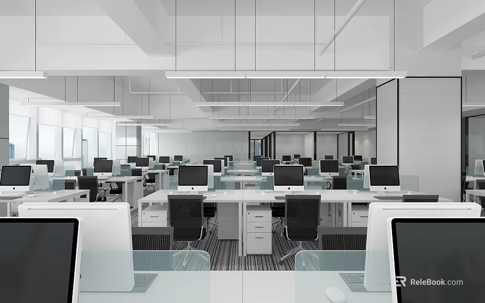 Modern Public Office Space Interior Design With Open Workstations Computers And White Partitions 3d model