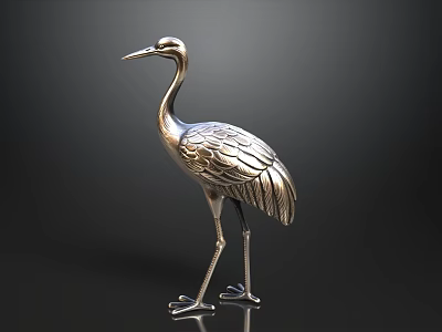 Silver Metal Crane Figurine With Detailed Feather Design On Dark Background 3d model