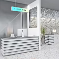 Public Office Area Featuring Modern Cashier Desk Apple Computer Stone Texture Wall And Green Plant