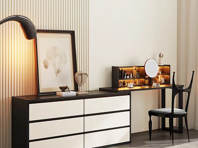 Elegant Modern Bedroom Interior With Dark Wooden Dresser White Drawers Vanity Mirror And Table Lamp 3d model
