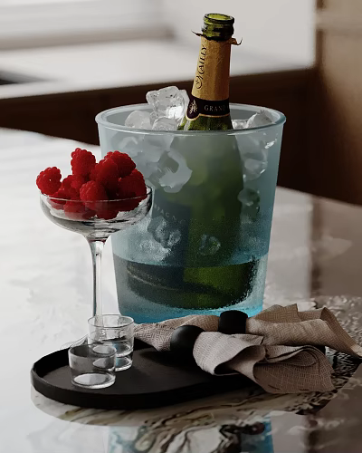 Champagne Bucket With Ice And Bottle Served With Raspberries Olives Linen Napkins On Tray 3d model