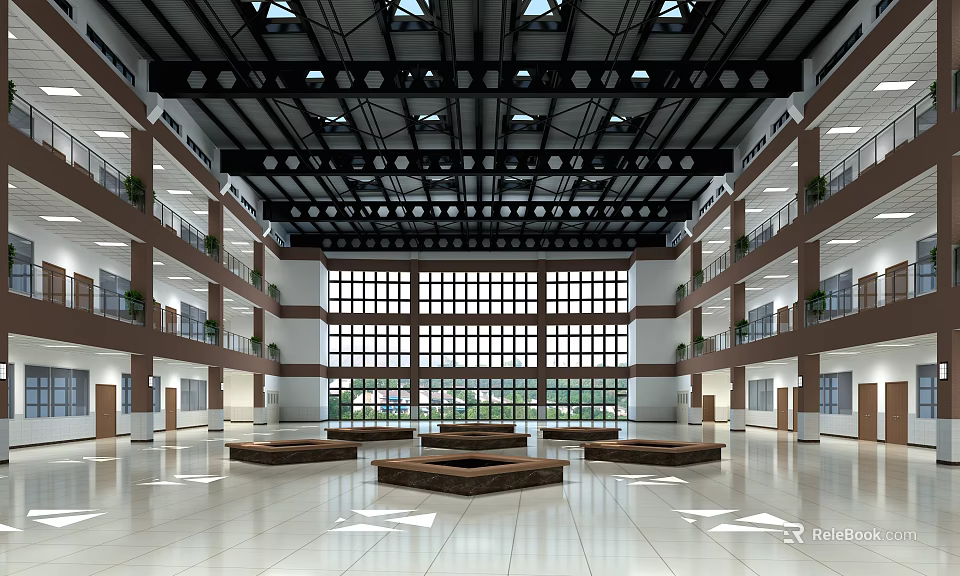 Spacious School Lobby With Multi Level Corridors Large Windows And Wooden Seating Areas 3d model 