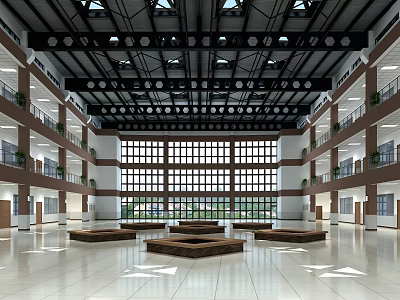 Spacious School Lobby With Multi Level Corridors Large Windows And Wooden Seating Areas 3d model