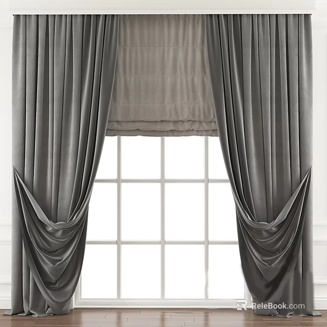 Elegant Gray Velvet Curtains With Pleated Design And Valance For Grid Patterned Window 3d model