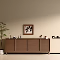 Brown Wooden Console Cabinet with Potted Tree Framed Painting and Decorative Items on Beige Wall