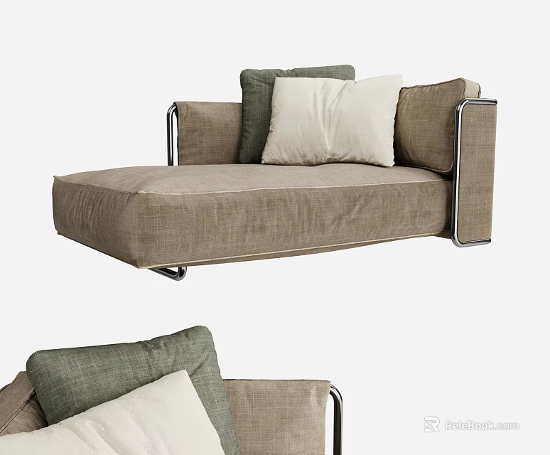 Modern Beige Fabric Chaise Lounge With Decorative Pillows And Metal Frame 3d model 