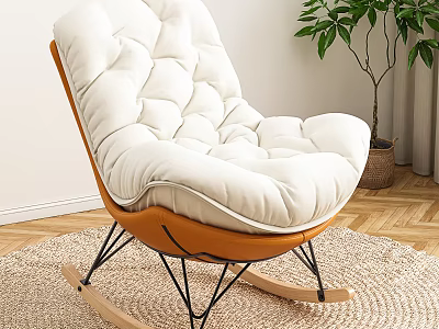 Modern White Padded Orange Frame Leisure Rocking Chair Indoor with Plant and Woven Rug 3d model