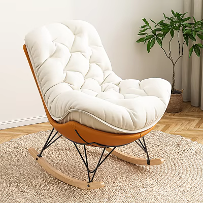Modern White Padded Orange Frame Leisure Rocking Chair Indoor with Plant and Woven Rug 3d model