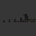 Various Black Weapon Parts Scattered on White Background