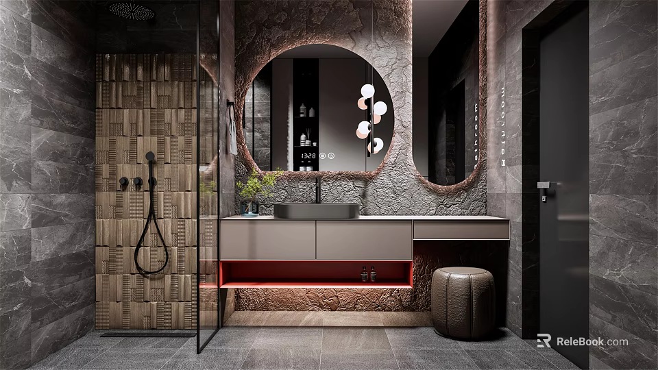 Modern Bathroom Interior With Round Mirror Vanity Shower Area And Stone Wall Design 3d model 