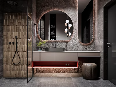 Modern Bathroom Interior With Round Mirror Vanity Shower Area And Stone Wall Design 3d model