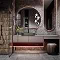 Modern Bathroom Interior With Round Mirror Vanity Shower Area And Stone Wall Design