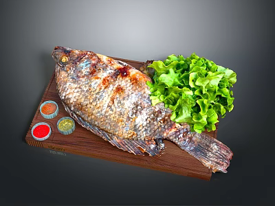 Grilled Whole Fish Served on Wooden Cutting Board with Fresh Lettuce and Sauces 3d model