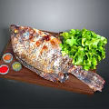 Grilled Whole Fish Served on Wooden Cutting Board with Fresh Lettuce and Sauces