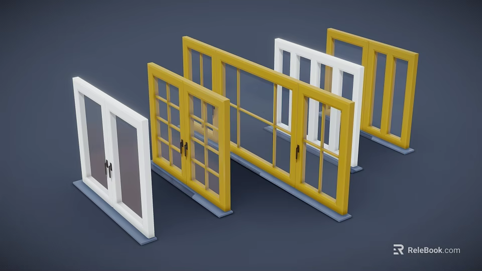 Various Styles of Casement Windows with White and Yellow Frames and Glass Panels 3d model 