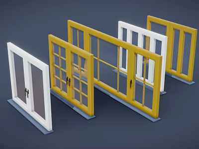 Various Styles of Casement Windows with White and Yellow Frames and Glass Panels 3d model