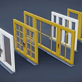 Various Styles of Casement Windows with White and Yellow Frames and Glass Panels