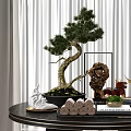 Decorative Ornament Set With Bonsai Pine Tree Square Frame And Mini Pavilion On Round Table 3d model