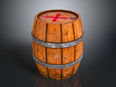 Vintage Wooden Barrel With Red Cross And Metal Hoops For Household Storage 3d model