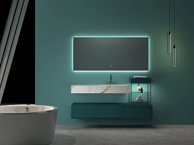 Teal Bathroom Cabinet With Illuminated Mirror And Marble Countertop Sink 3d model