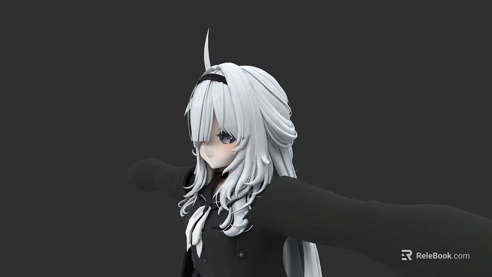 3D Game Anime Character With Silver White Long Hair Black Outfit And Horn Design 3d model 