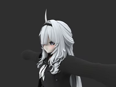 3D Game Anime Character With Silver White Long Hair Black Outfit And Horn Design 3d model