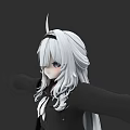 3D Game Anime Character With Silver White Long Hair Black Outfit And Horn Design