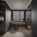 Modern Dark Toned Walk in Closet With Shelves Bags Stool And Blinds