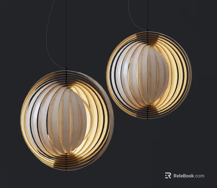 Contemporary Spherical Pendant Lights with Metal Frame and Wooden Stripes Emitting Soft Warm Light 3d model 