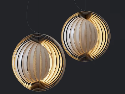 Contemporary Spherical Pendant Lights with Metal Frame and Wooden Stripes Emitting Soft Warm Light 3d model
