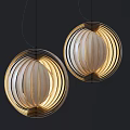 Contemporary Spherical Pendant Lights with Metal Frame and Wooden Stripes Emitting Soft Warm Light