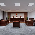 Courtroom Interior With Judge Bench Wooden Furniture National Emblem And Ceiling Lighting