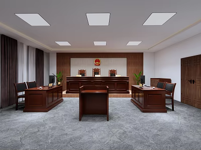 Courtroom Interior With Judge Bench Wooden Furniture National Emblem And Ceiling Lighting 3d model