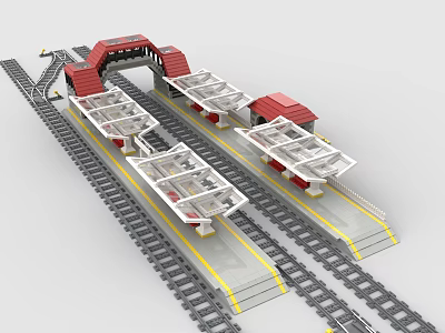 Building Blocks Train Station Platform With Rail Tracks Red Roof And Multiple Platform Structures 3d model