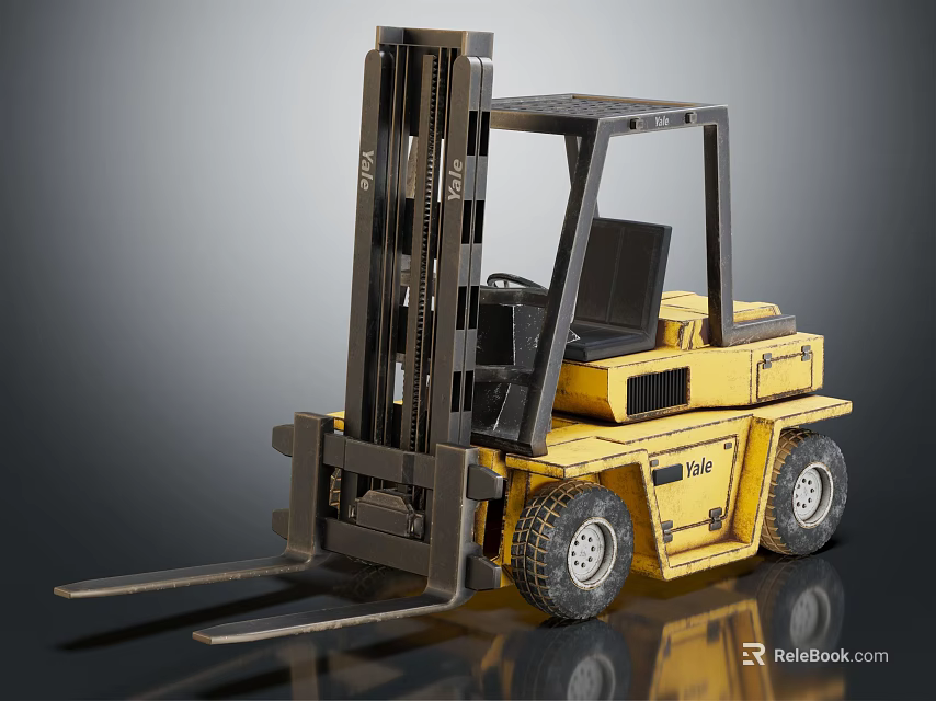Yellow Industrial Forklift With Black Cabin Forks And Wheels Design 3d model 