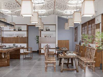 Traditional Chinese Tea House Interior Design With Carved Ceiling Pendant Lights And Wooden Furniture 3d model