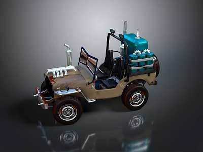 Detailed Beige Toy Jeep Model With Blue Storage Tank Large Wheels And Open Cockpit 3d model