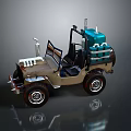 Detailed Beige Toy Jeep Model With Blue Storage Tank Large Wheels And Open Cockpit