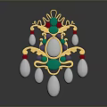 Ornate Gold Brooch With Colorful Gemstones And Hanging Pearl Pendants