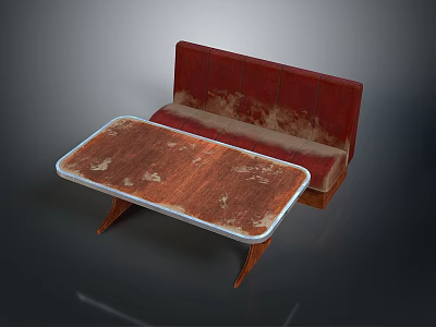 Modern Dining Table Set With Wooden Textured Top And Red Upholstered Bench 3d model