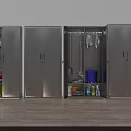 Organized Storage Cabinets With Cleaning Tools And Colorful Buckets In Interior Setup