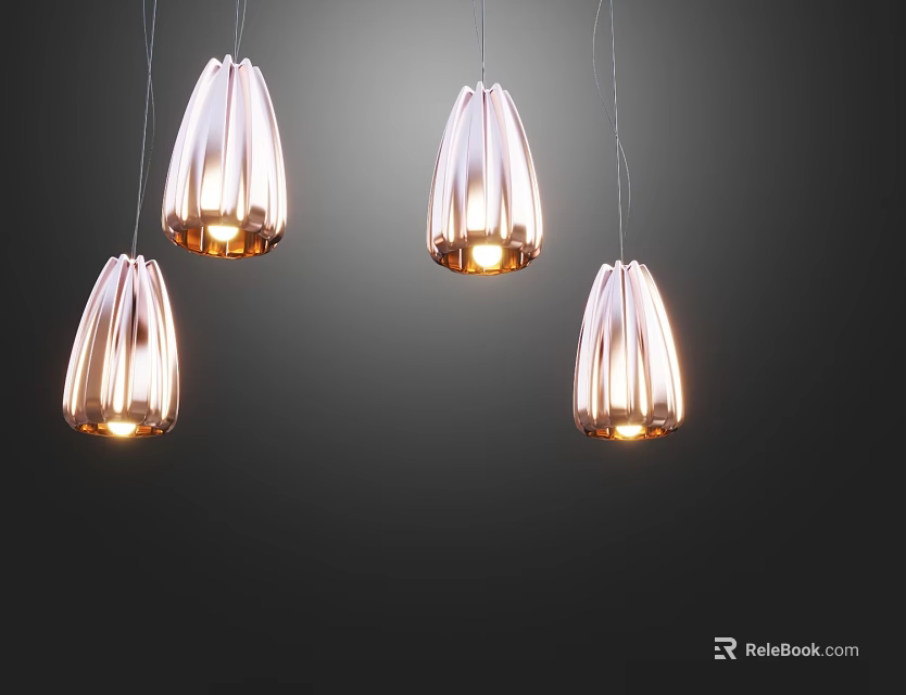 Stylish Four Striped Glass Pendant Lights Illuminated on Dark Background 3d model 
