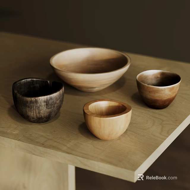 Natural Wooden Tableware Set with Four Bowls Placed on Wooden Table 3d model 