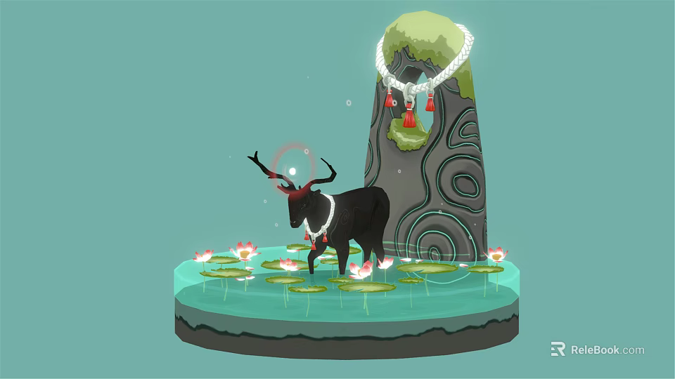 Black Deer With Antlers Wearing White Collar Standing On Water With Lotus Flowers 3d model 