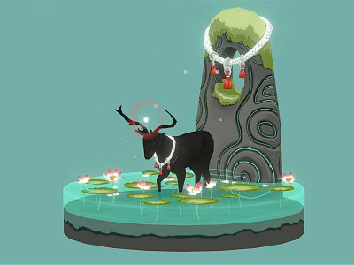 Black Deer With Antlers Wearing White Collar Standing On Water With Lotus Flowers 3d model