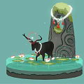 Black Deer With Antlers Wearing White Collar Standing On Water With Lotus Flowers